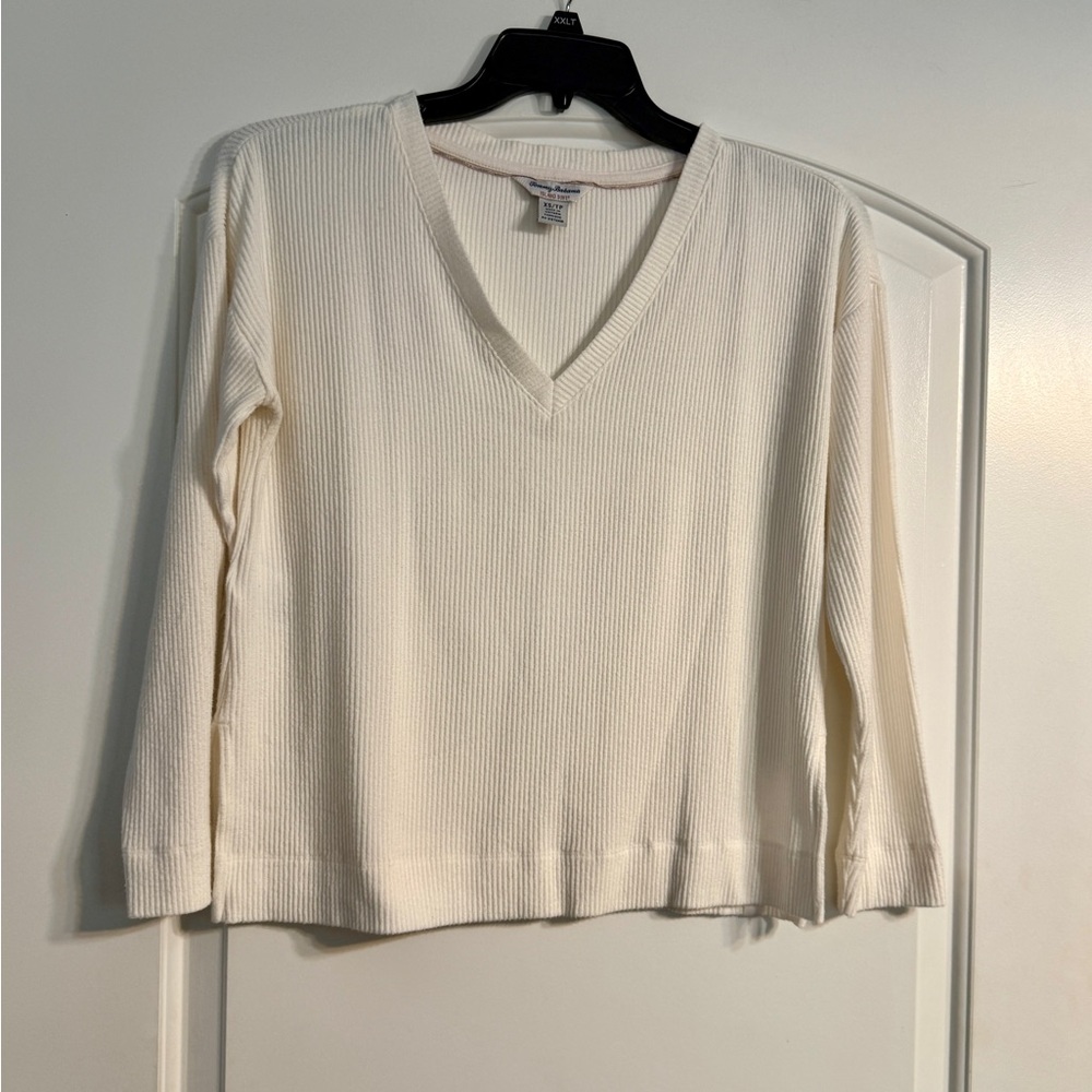 Tommy Bahama Island Soft Ribbed V-Neck Top XS White Long Sleeve Beachy